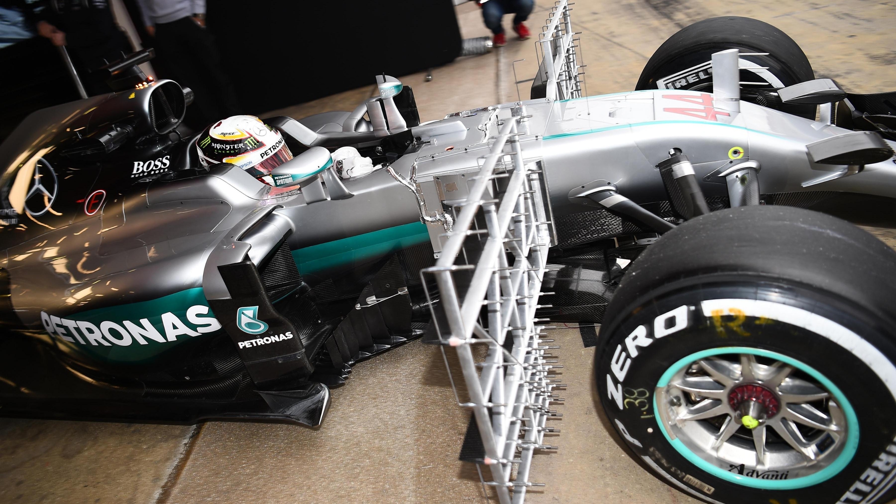 Lewis Hamilton (GBR) Mercedes-Benz F1 W07 Hybrid leaves the garage with aero sensors at Formula One Testing, Day Two, Barcelona, Spain, Wednesday 2 March 2016.